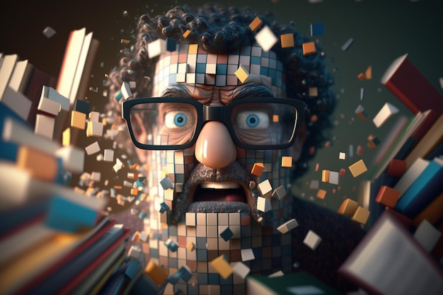 Een man met een bril en een grote neus wordt omringd door boeken.