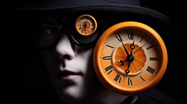 Foto een man met een bril en een klok die aangeeft dat het 7:15 is.