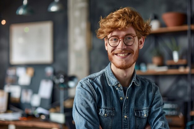 Foto een man met een bril en een shirt dat rood haar zegt