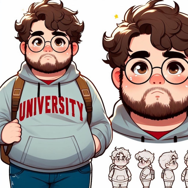 een man met een bril en een sweatshirt waarop staat universiteit
