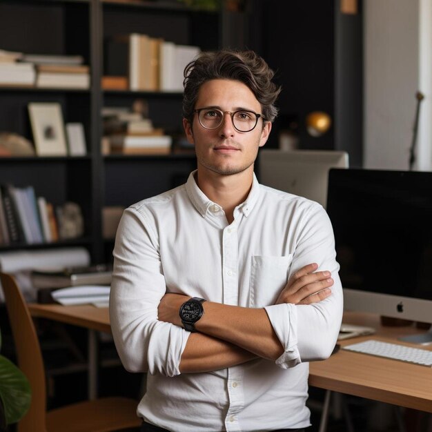 een man met een bril en een wit shirt staat voor een computermonitor