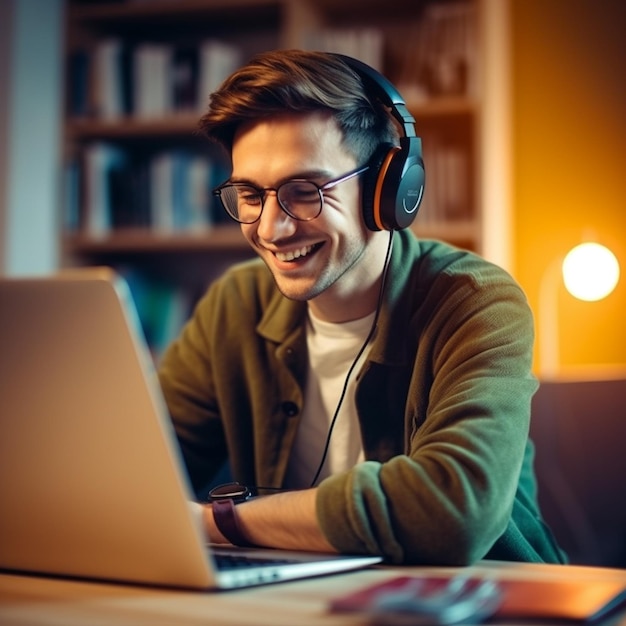 een man met een bril glimlacht terwijl hij een laptop gebruikt