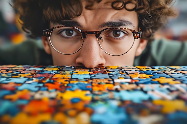 Foto een man met een bril kijkt naar een puzzel met zijn gezicht ermee bedekt.