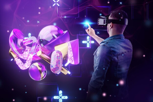 Een man met een bril op de achtergrond van Virtual Reality de metaverse Toekomstige metafoor metaverse technologie concept cyberuniversum communicatie blockchain futuristisch netwerk mixed media