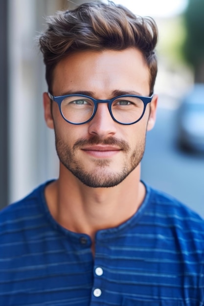 Een man met een bril op en een blauw shirt