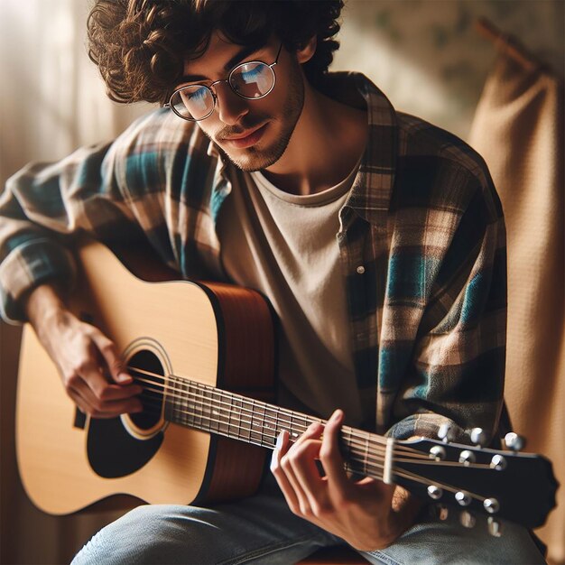 Foto een man met een bril speelt gitaar.