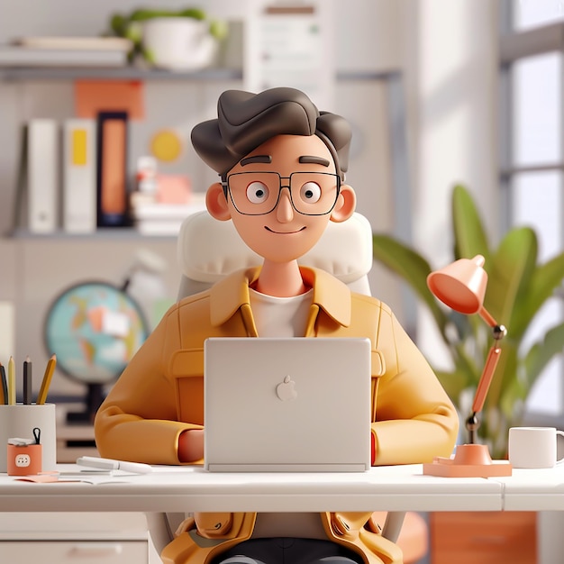 een man met een bril zit aan een bureau met een laptop