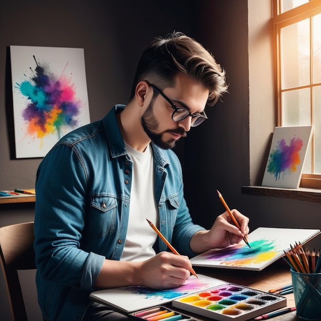 Foto een man met een bril zit aan een tafel met een schilderij getiteld regenboog.