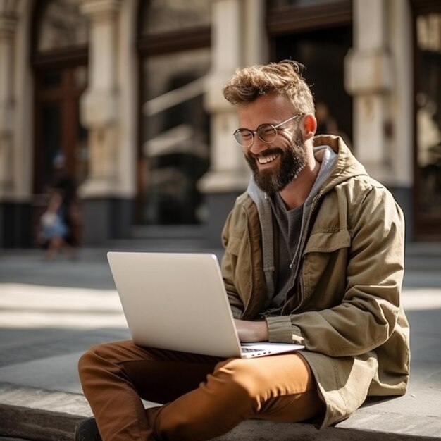 een man met een bril zit op een stenen bank met een laptop