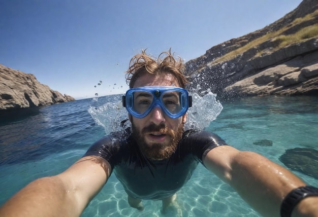 een man met een bril zwemt in het water bij een klif