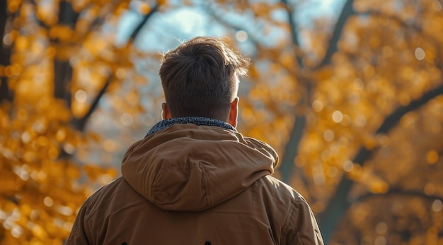 een man met een bruin jasje in het park in een herfststemming