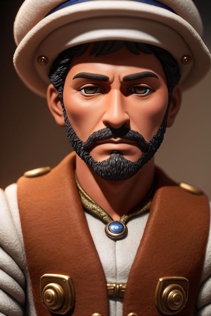 Een man met een bruine hoed gemodelleerd met klei en vilt