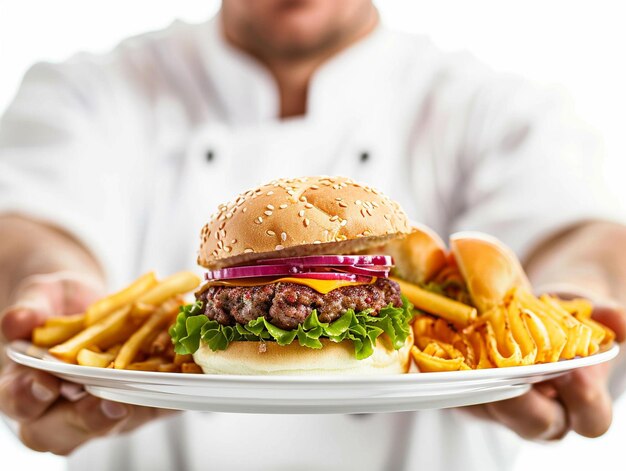 een man met een burger met friet en een hamburger erop