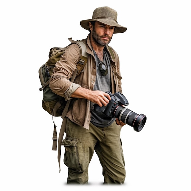 Een man met een camera en een hoed houdt een camera vast.