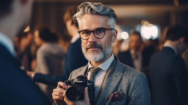 Een man met een camera in een volle kamer.