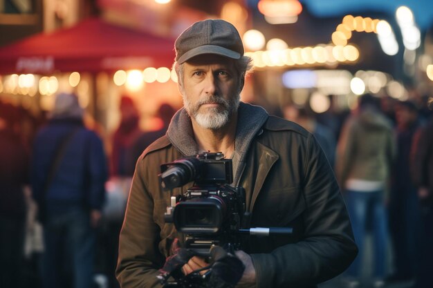 Een man met een camera voor een markt met een wazige achtergrond.