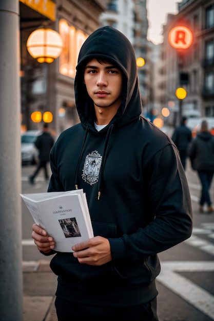 Foto een man met een capuchon die een boek vasthoudt op een straathoek in de nacht met mensen die om hem heen lopen en