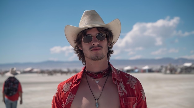 een man met een cowboyhoed staat in het zand met een hemel op de achtergrond