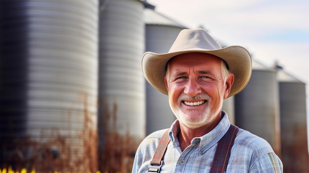 Een man met een cowboyhoed staat voor een silo.