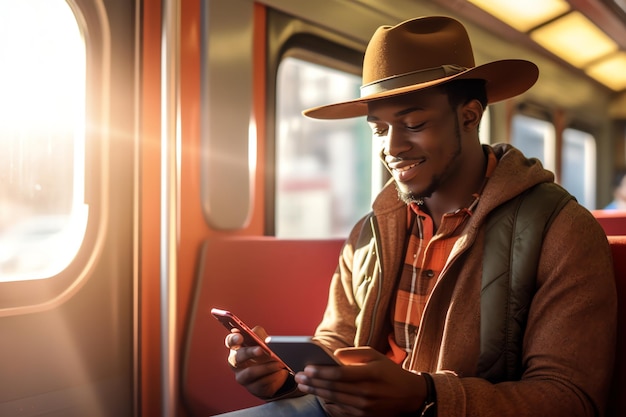 Een man met een cowboyhoed zit in een trein en kijkt op zijn telefoon