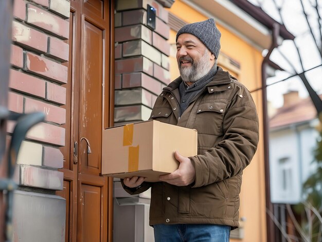 Foto een man met een doos buiten zijn huis.