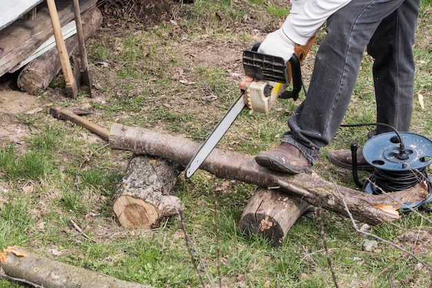 Een man met een elektrische zaag zaagt een boom voor brandhout in de tuin.