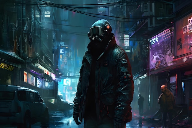 Een man met een gasmasker staat in de regen in een cyberpunkstad.