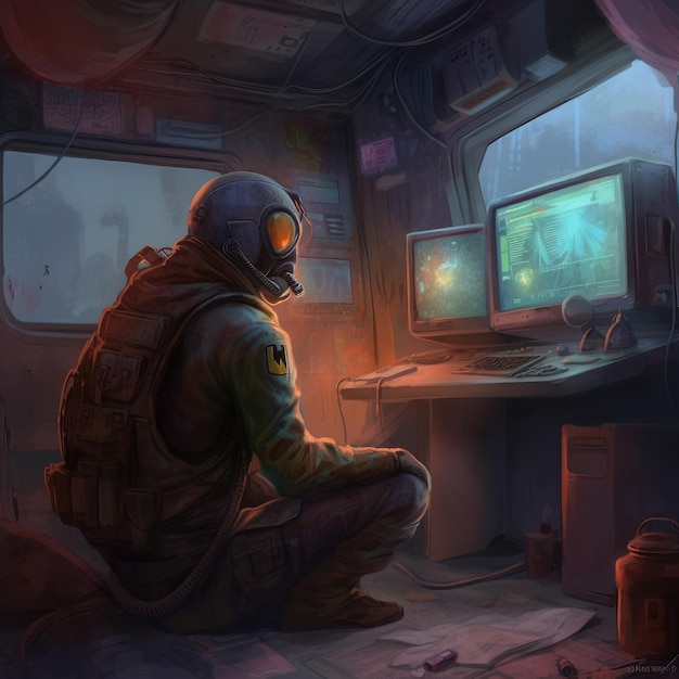 Een man met een gasmasker zit voor een computerscherm.