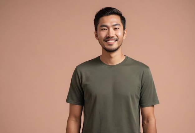 Een man met een gastvrije glimlach in een klassiek olijfgroen T-shirt toont ongedwongen gemak en comfort