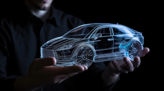 Een man met een geanimeerd model van een auto in de stijl van holografische generatieve AI AIG21