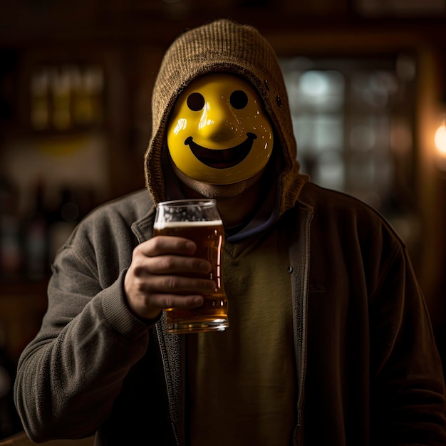 Een man met een geel smileygezichtsmasker en een glas bier vast.