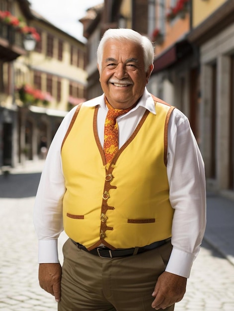 Foto een man met een geel vest en een stropdas die zegt dat hij een man is.