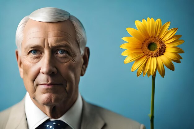 Een man met een gele bloem voor zich