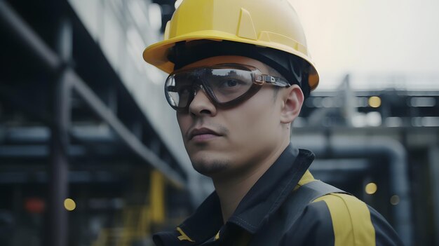 Een man met een gele helm en een veiligheidsbril staat voor een metalen constructie.