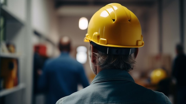 Een man met een gele helm staat in een gebouw met op de achtergrond een man.