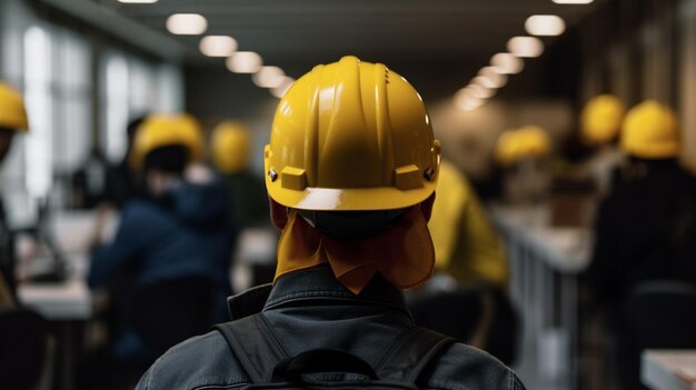 Een man met een gele helm staat in een tunnel met andere mensen op de achtergrond.