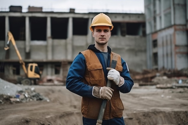 Een man met een gele helm staat voor een bouwplaats Dag van de Arbeid