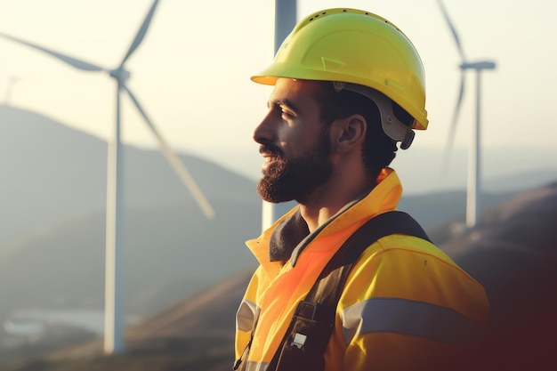 Een man met een gele helm staat voor een windturbine.