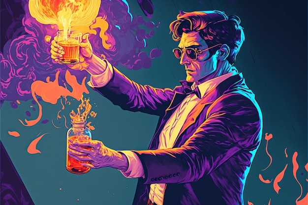 Een man met een glas vuur in zijn hand De man gooit een molotovcocktail Digitale kunststijl illustratie schilderij