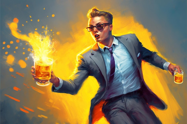 Een man met een glas vuur in zijn hand De man gooit een molotovcocktail Digitale kunststijl illustratie schilderij