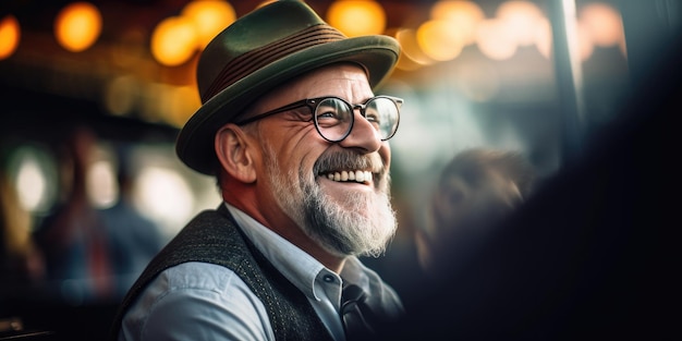 Foto een man met een glimlach en een hoed een man met een bril en een vest generatieve ai