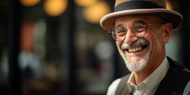 Foto een man met een glimlach en een hoed een man met een bril en een vest generatieve ai