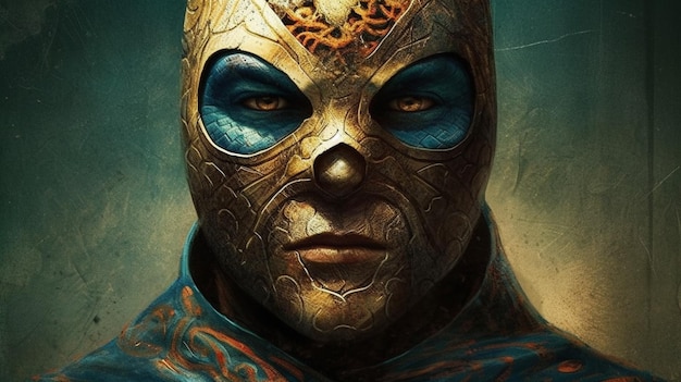 Een man met een gouden masker en blauwe ogen staat voor een blauwe achtergrond.