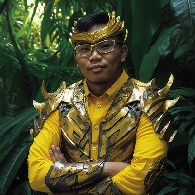 Een man met een gouden masker en bril staat in een jungle.