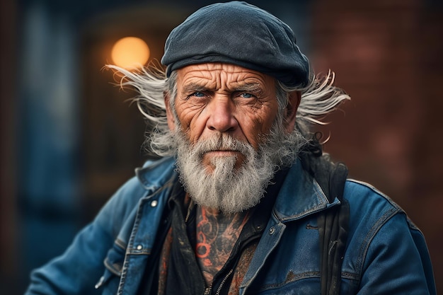 Een man met een grijze baard en een blauwe hoed staat voor een gebouw.