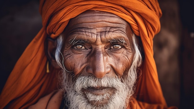 Een man met een grijze baard en een oranje hoed