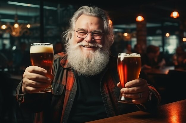 Een man met een grijze baard houdt een glas bier vast op de achtergrond van een bar generatieve ai