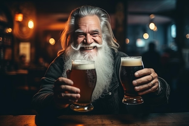 Een man met een grijze baard houdt een glas bier vast op de achtergrond van een bar generatieve ai