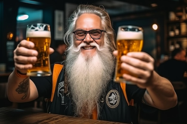 Een man met een grijze baard houdt een glas bier vast op de achtergrond van een bar generatieve ai