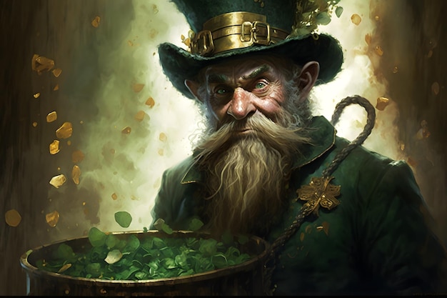 Een man met een groene hoed en een emmer met groene munten.
